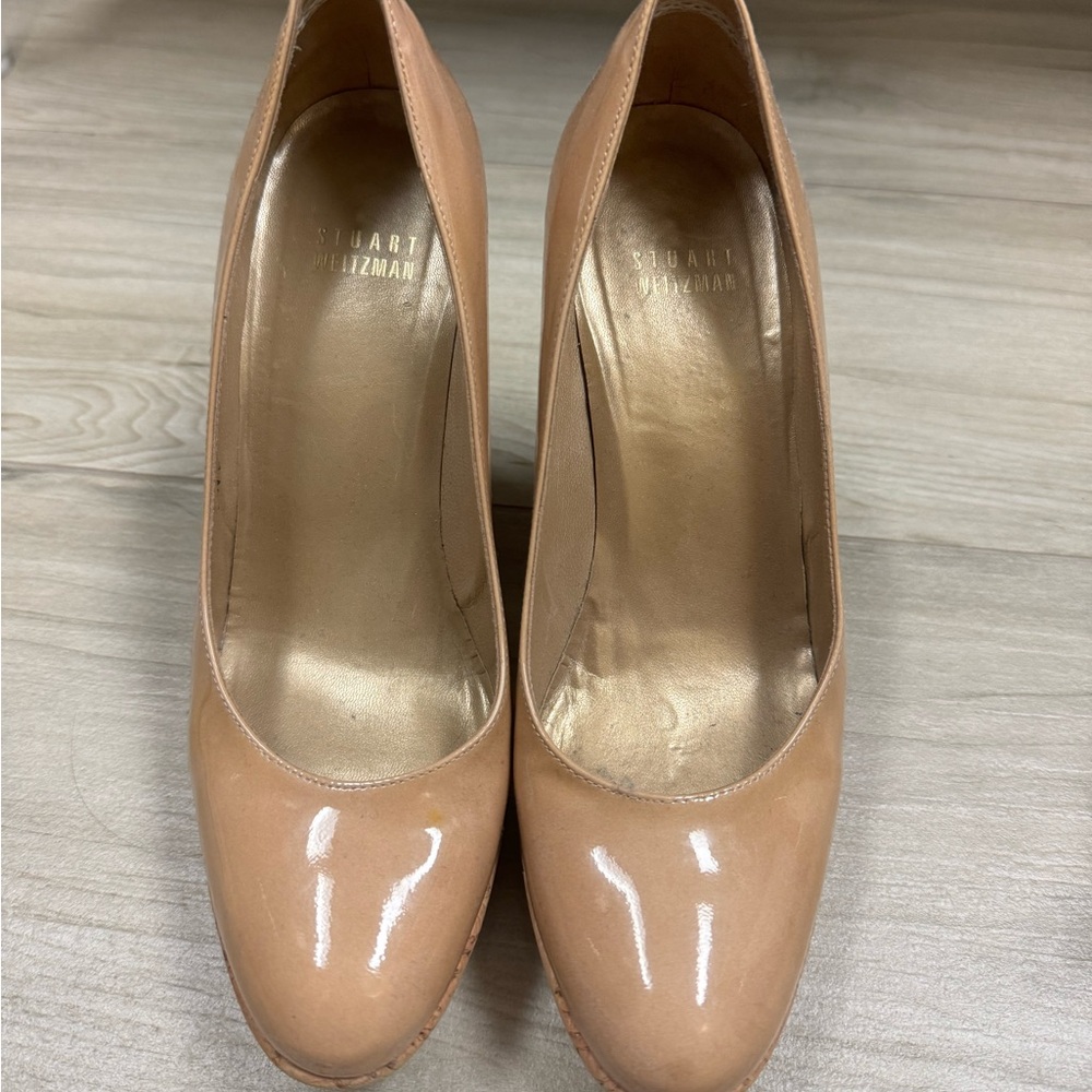 Stuart Weitzman patent leather and cork wedge